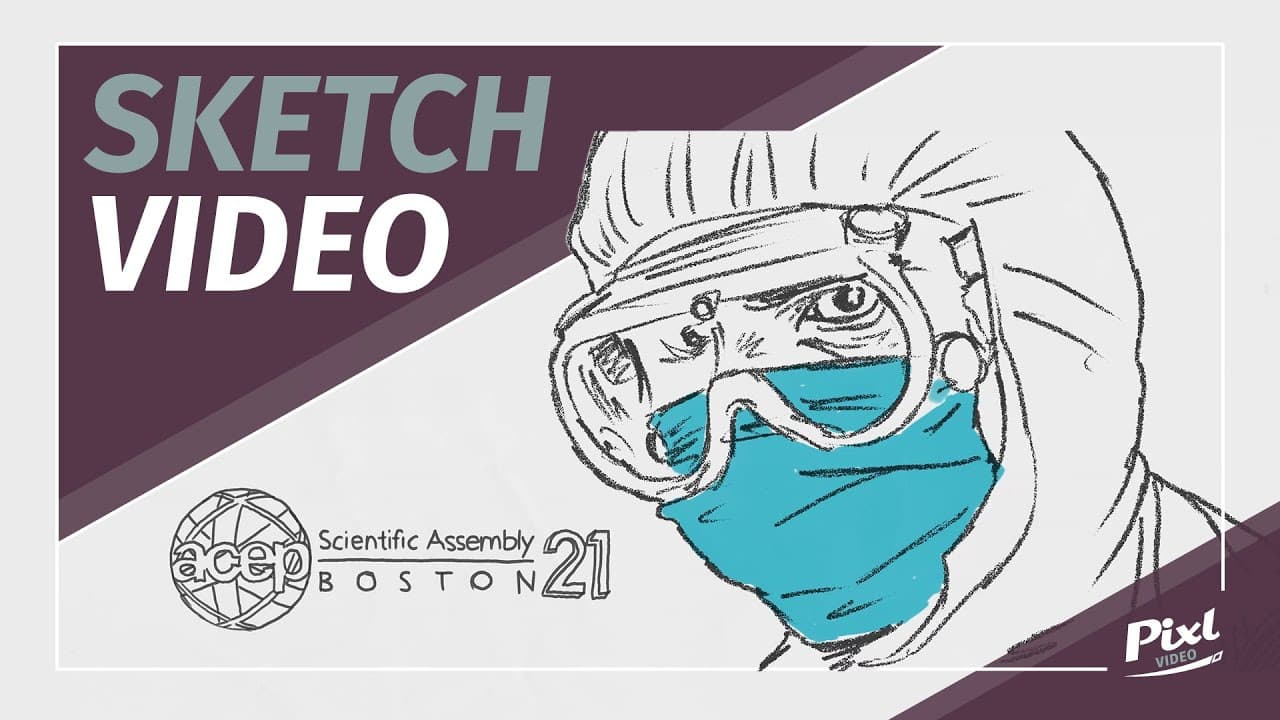 sketch of doctor in personal protective equipment (PPE) with ACEP logo drawn beside the doctor, Sketch video text