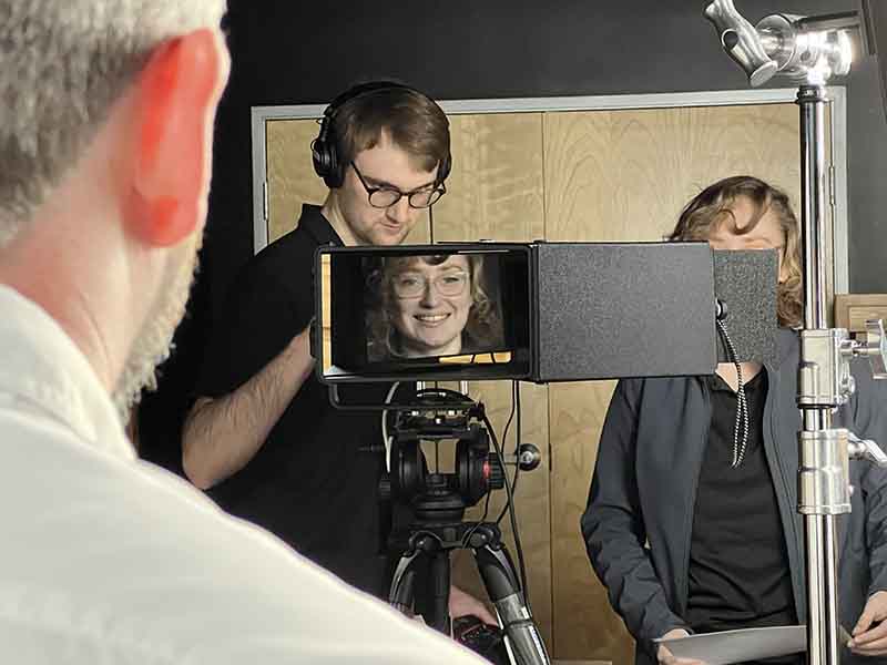 Production crew on video shoot using an EyeDirect