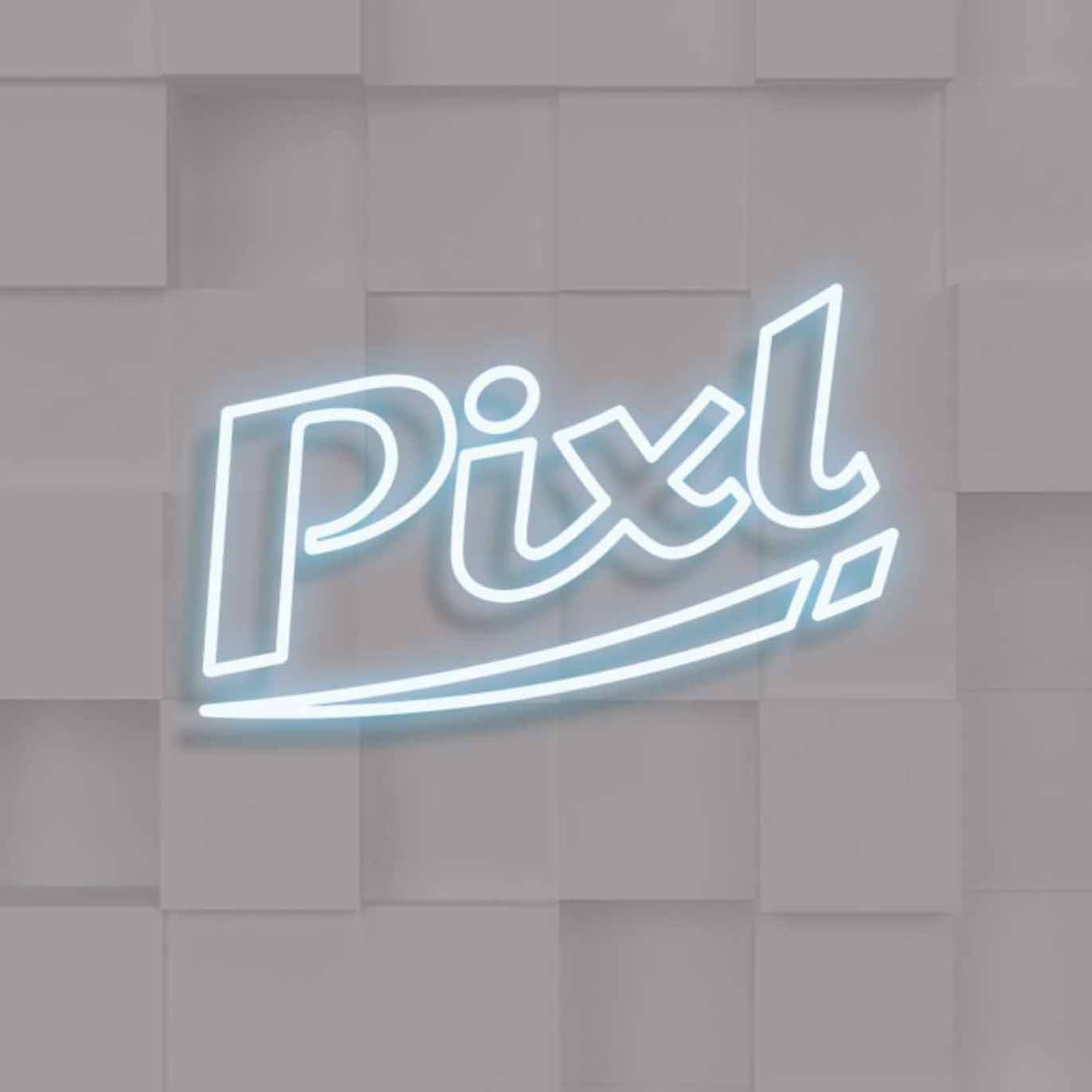 Pixl logo neon sign on wall